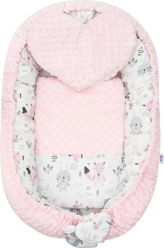 Fole bebeje, NEW BABY, Minky, 55x75 cm (brendshme 35x59), pambuk + minky poliester, rozë, set me jastëk dhe batanije
