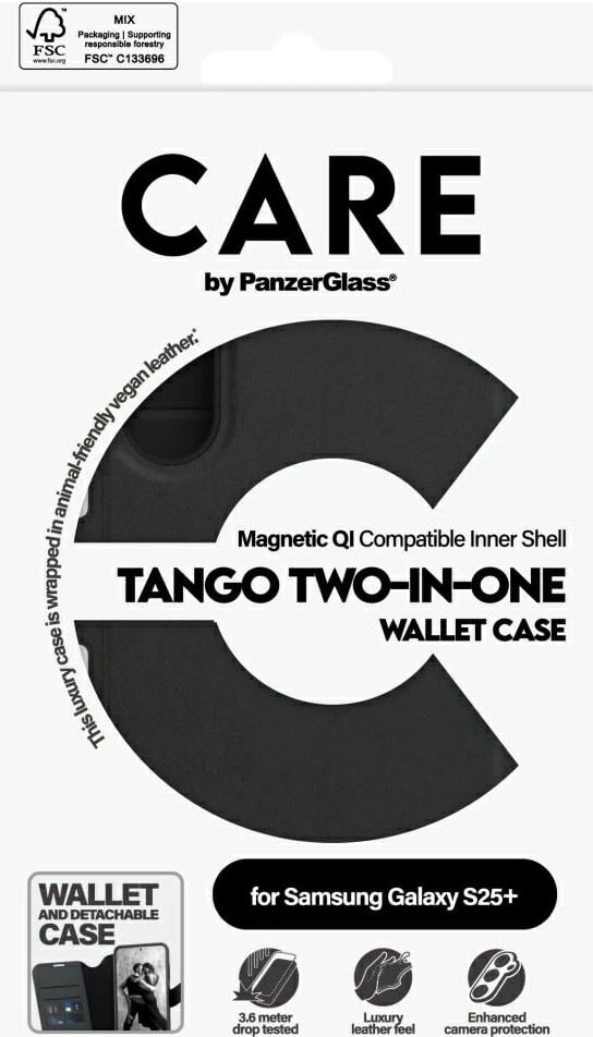 Mbështjellës portofol 2-në-1 PanzerGlass CARE Tango për Samsung Galaxy S25+, e zezë
