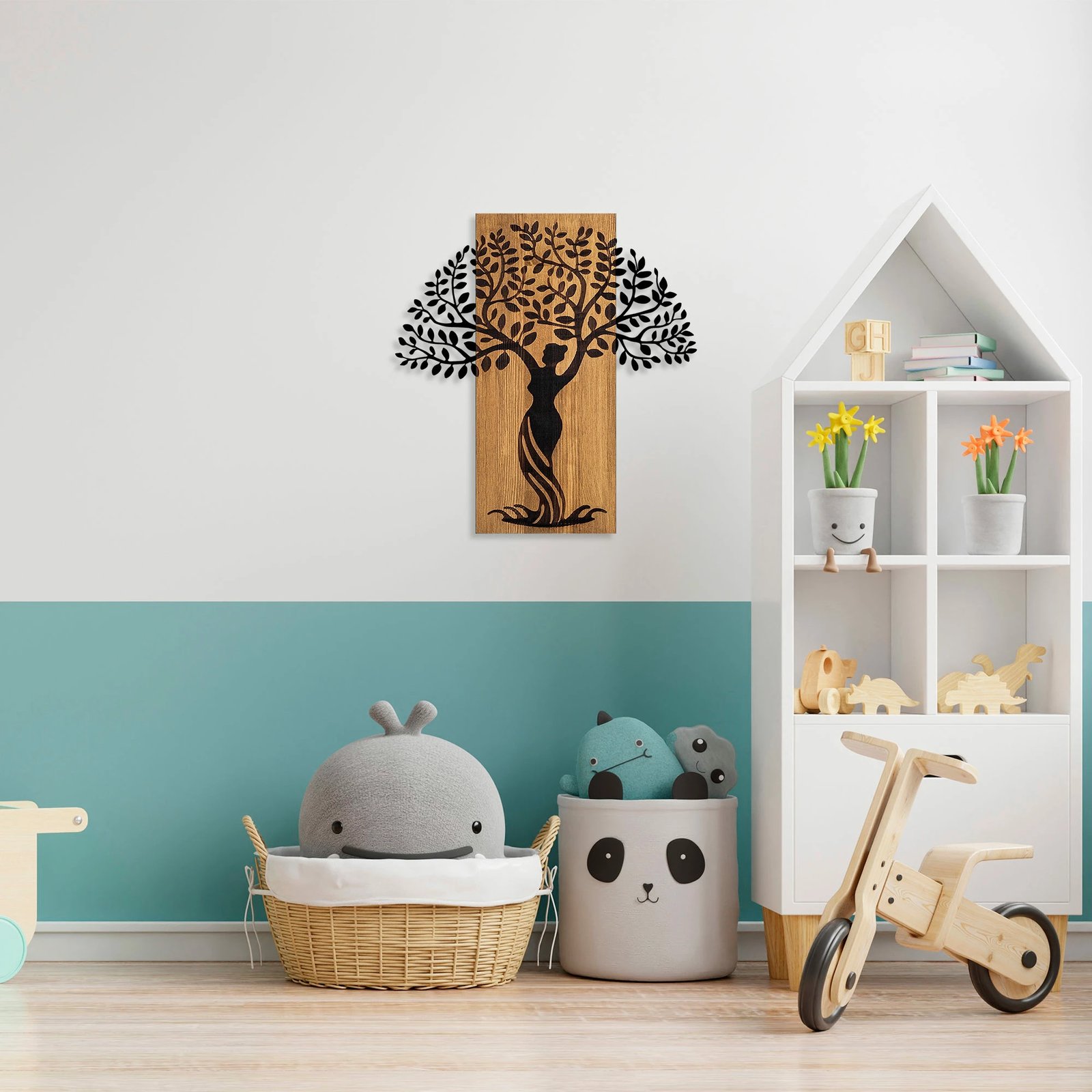 Aksesor dekorativ muri prej druri, Wallity, Woman Tree 3, ngjyrë arre, e zezë, 54x58cm