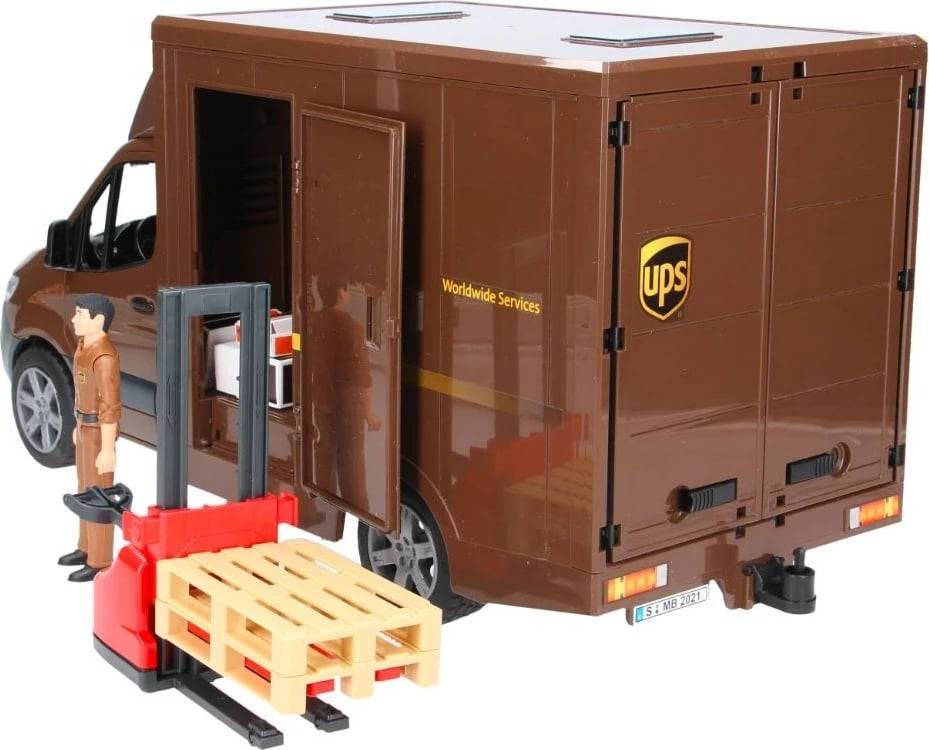 Set lodër furgon Mercedes-Benz Sprinter UPS, BRUDER 02678, shkalla 1:16, me figurë shoferi, karrocë dore dhe paleta, kafe