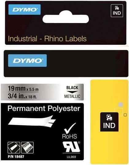 Shirit etiketas Dymo 18487 poliester i metalizuar ngjitës përhershëm 19mm x 5.5m, i zi në metalik