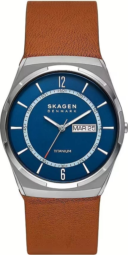 Orë dore për meshkuj Skagen Melbye Titanium me rrip kafe