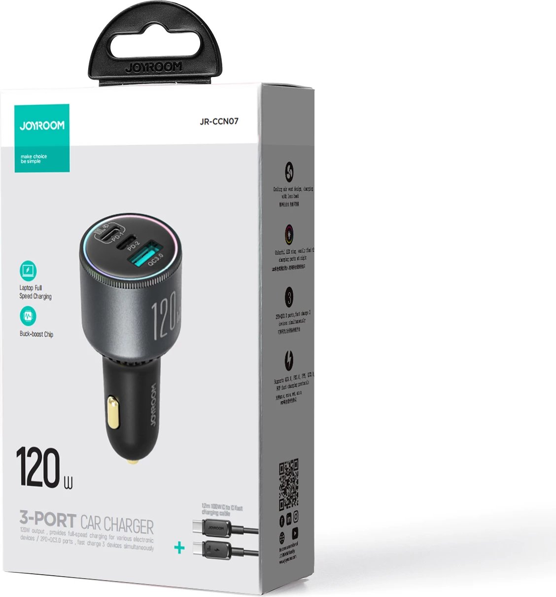 Karikues veture Joyroom JR-CCN07, 120W, 2x USB-C, 1x USB-A, me kabllo USB-C/USB-C 100W, Gri e errët