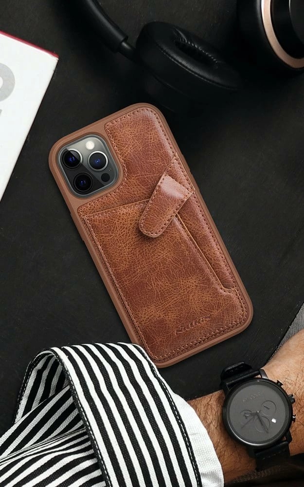 Mbështjellës Nillkin Aoge Leather Case për iPhone 12 mini, lëkurë natyrale, xhep për monedha, e zezë