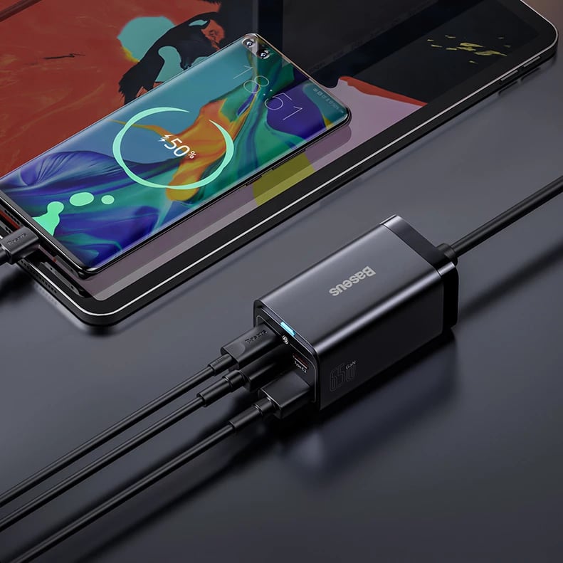 Karikues i shpejtë Baseus GaN3 Pro 65W, 2x USB Type-C, 2x USB, me kabllo USB-C 1m, Zi Karikues i shpejtë Baseus GaN3 Pro 65W, 2x USB Type-C, 2x USB, me kabllo USB-C 1m, Zi