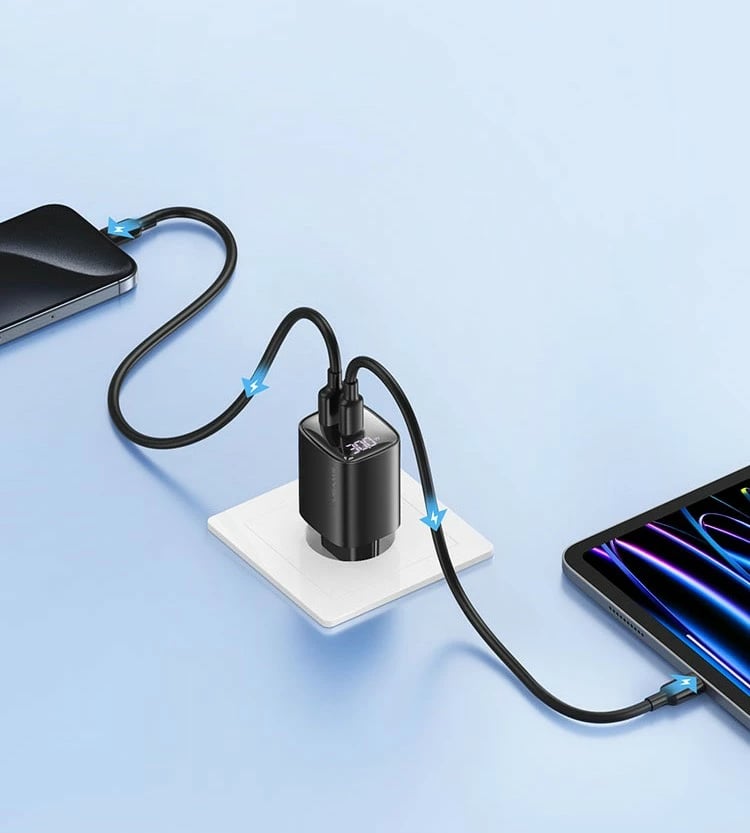 Karikues muri USAMS CC229, 30W, GaN, 1x USB + 1x USB-C, Ekran dixhital, i zi