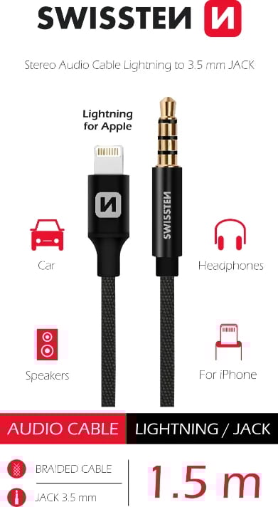 Kabllo përshtatëse audio në Lightning 3,5 mm/Jack 1.5 Swissten, e zezë