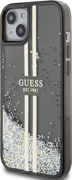 Mbështjellës Guess Liquid Glitter Gold Stripes për iPhone 15 Plus / 14 Plus, e zezë