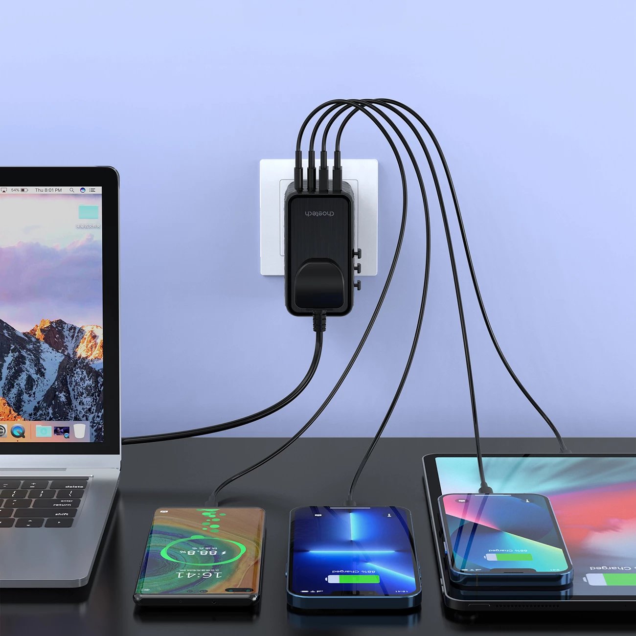 Adapter udhëtimi Choetech PD6028, 4 porta USB (2x USB-C, 2x USB-A), 100W, i zi