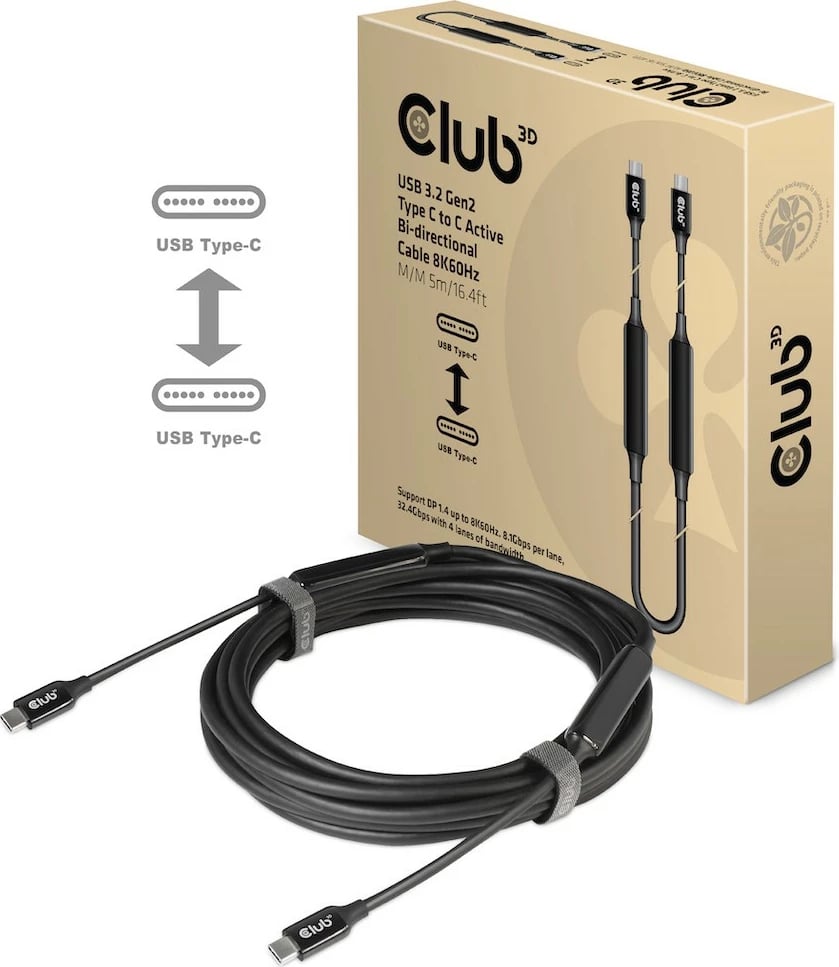 Kabllo USB-C Club3D 5m, USB 3.2 Gen 2, 60W, e zezë