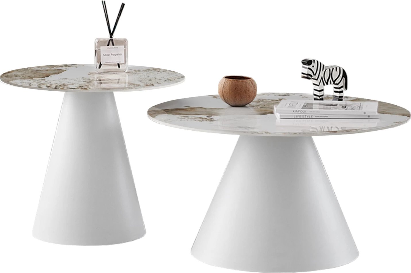 Set 2 tavolina kafeje, bazë e bardhë, sipërfaqe sinterizuar ‘Pandora’, FH18307.01, Φ50cm & Φ70cm