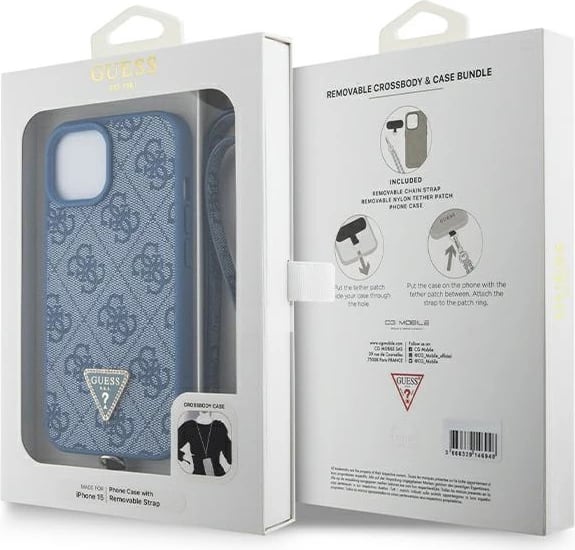 Mbështjellës Guess Crossbody 4G Metal Logo për iPhone 15/15 Plus, 6.1", Kaltër