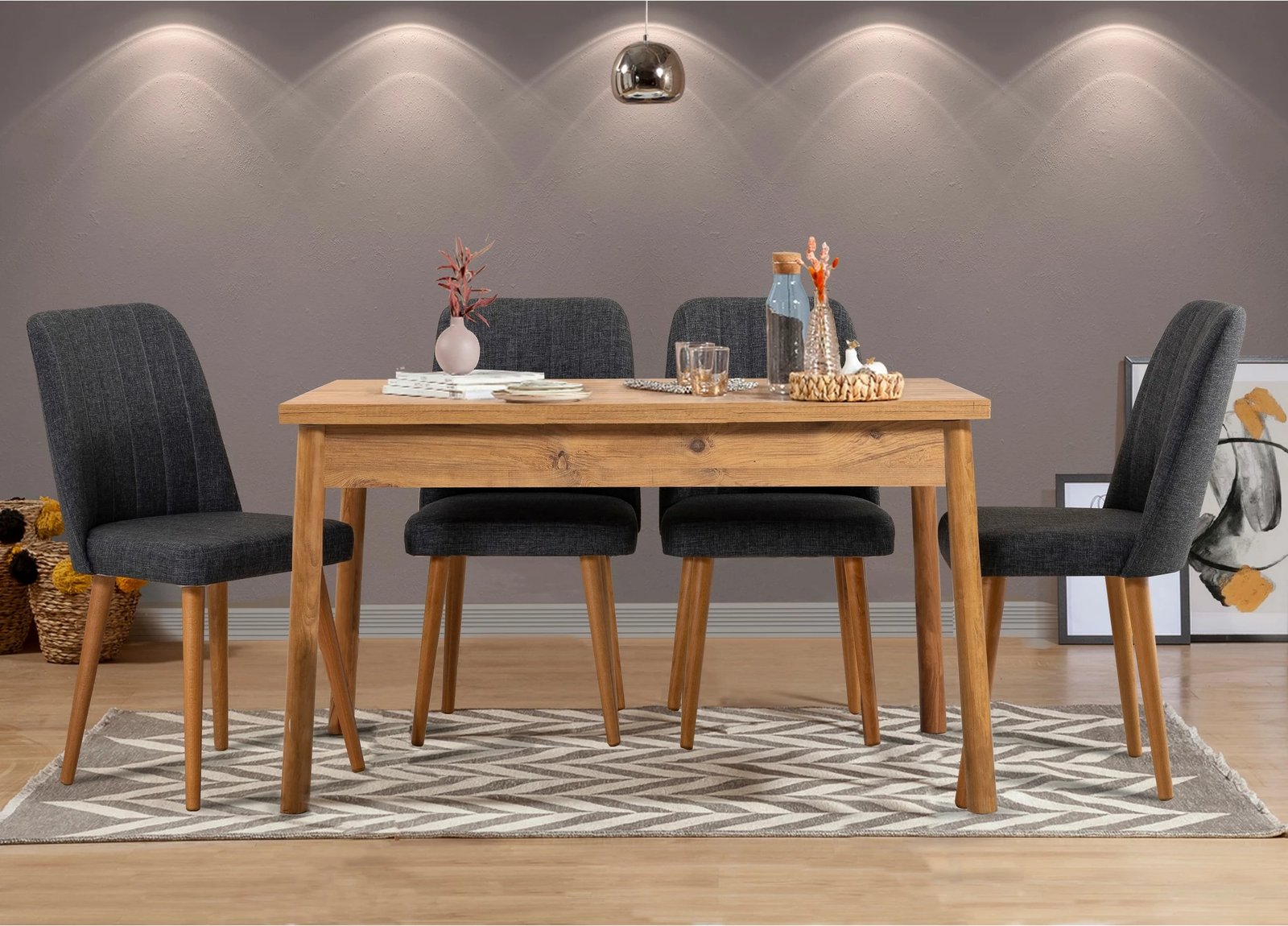 Set tavolinë me karrige për ngrënie, i zgjatshëm, Hanah Home, Santiago, ngjyrë Atlantic Pine dhe antracit, 5 copë