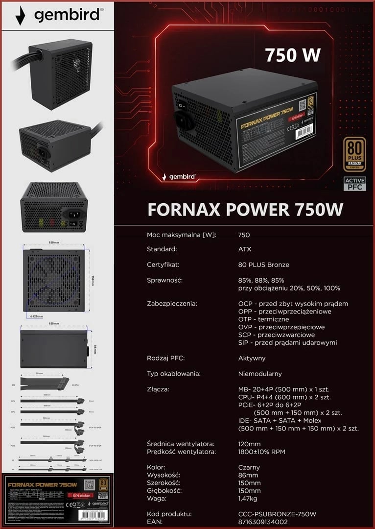 Kasë furnizimi Gembird Fornax Power CCC-PSUBRONZE-750W, 750W, 80 PLUS Bronze, e zezë