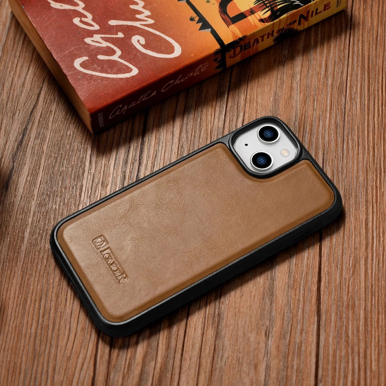 Mbështjellës iCarer për iPhone 14 Plus, lëkurë natyrale, kafe