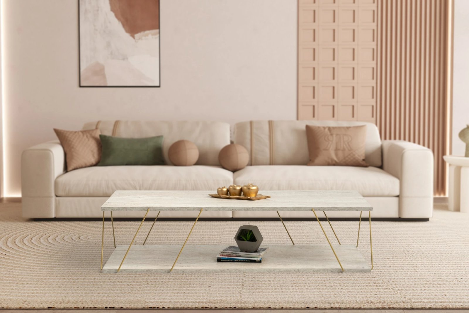 Tavolinë kafeje Hanah Home, Labranda, ngjyrë ari, travertin