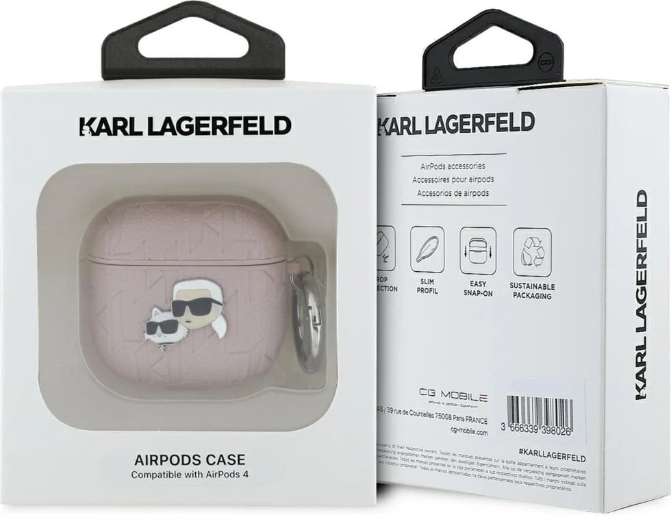 Mbështjellës Karl Lagerfeld Monogram Karl & Choupette Head për AirPods 4, Rozë