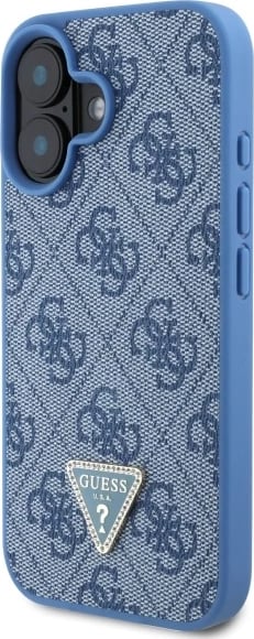 Mbështjellës Guess për iPhone 16, lëkurë, logo metalike, rrip, Blu