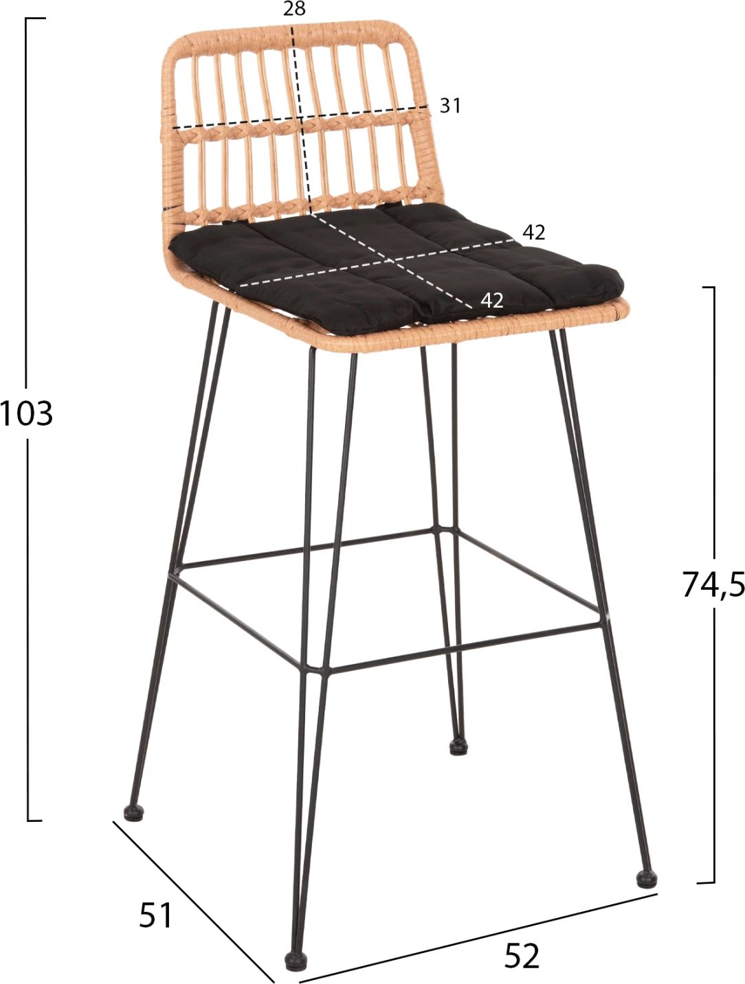 Karrige për bar jashtë ALLEGRA FH5452.11 metal & jastëk në ngjyrë të zezë-bezhë Wicker 52x51x103H cm