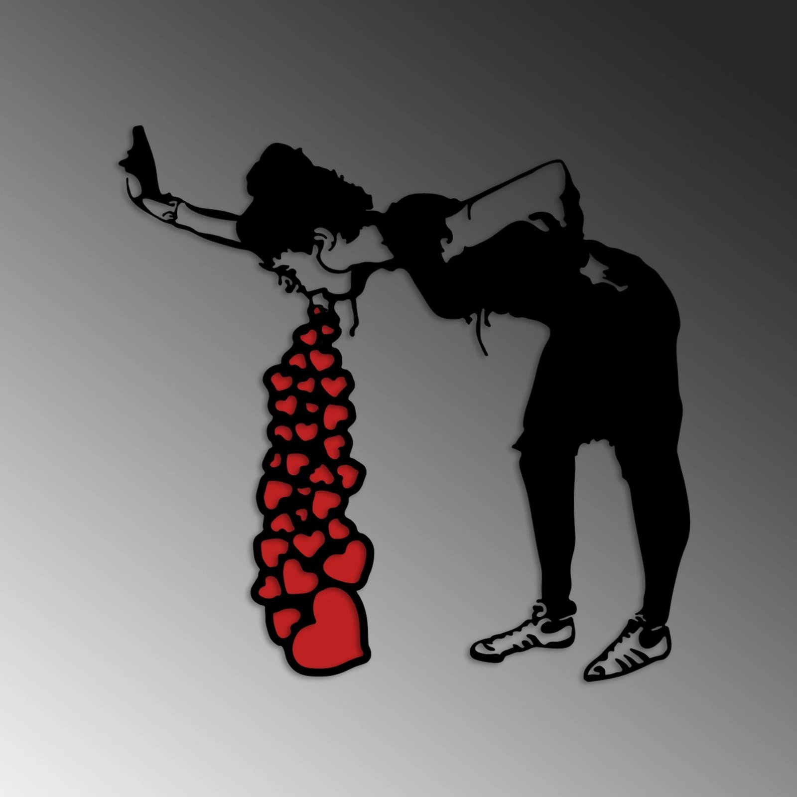 Aksesor dekorativ metalik për mur, Banksy 12, zi e kuqe, 63x61cm