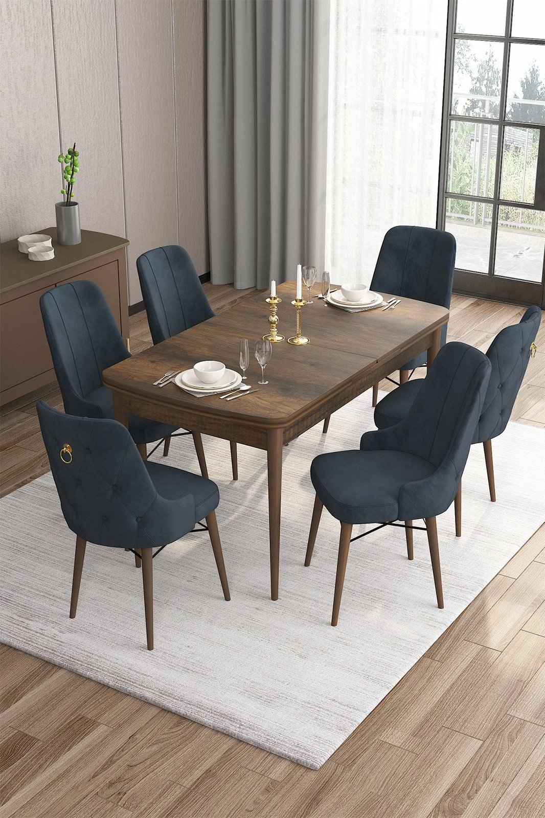 Tavolinë me karrige për ngrënie, zgjatshme, 7 copë, Skye Decor, barok, antracit