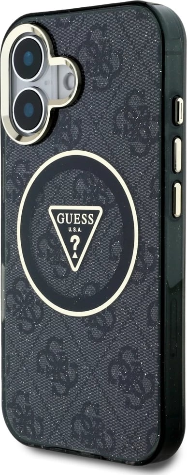 Mbështjellës Guess IML Metal Glitter 4G Circle Triangle MagSafe për iPhone 16, i zi Mbështjellës Guess IML Metal Glitter 4G Circle Triangle MagSafe për iPhone 16, i zi