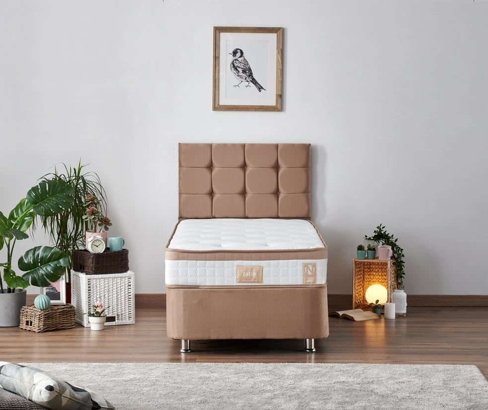 Set krevat tek, dyshek, bazë dhe shtrat, ngjyrë kafe e çelët, Skye Decor, 100x200