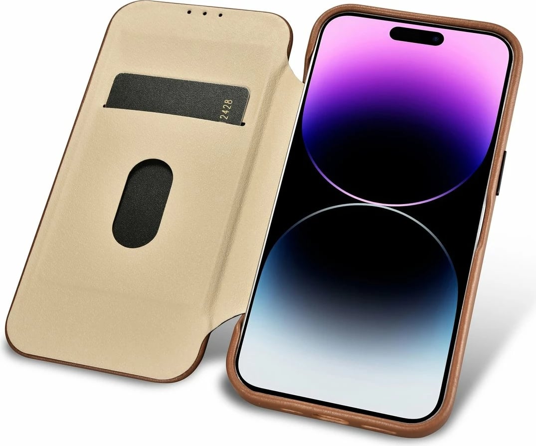 Mbështjellës iCarer CE Premium lëkurë për iPhone 14 Pro, MagSafe, kafe