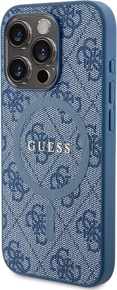 Mbështjellës Guess 4G Collection Leather Metal Logo MagSafe për iPhone 14 Pro, Kaltër