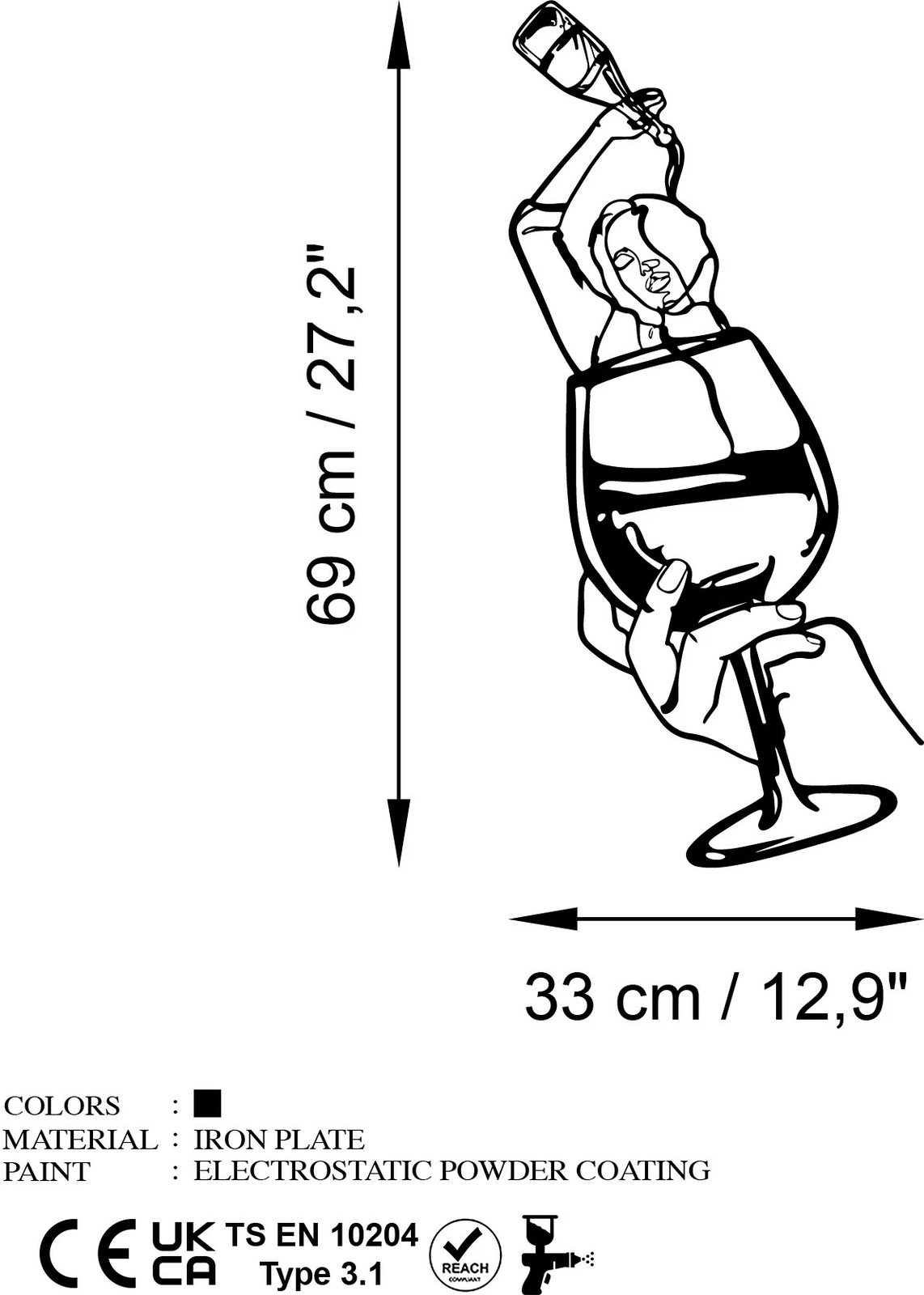 Aksesor dekorativ metalik për mur, Wallity, Bicchiere, ngjyrë e zezë