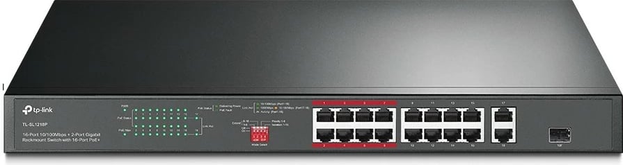 Switch TP-LINK TL-SL1218P, 16x PoE+ 10/100 Mbps, 2x Gigabit, 1x SFP, rack