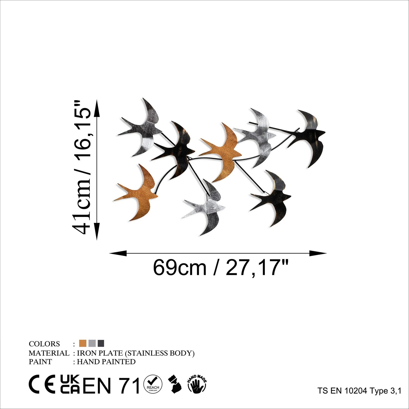 Aksesor dekorativ metalik për mur, Flying Birds 2, shumëngjyrësh, 69x41x7cm