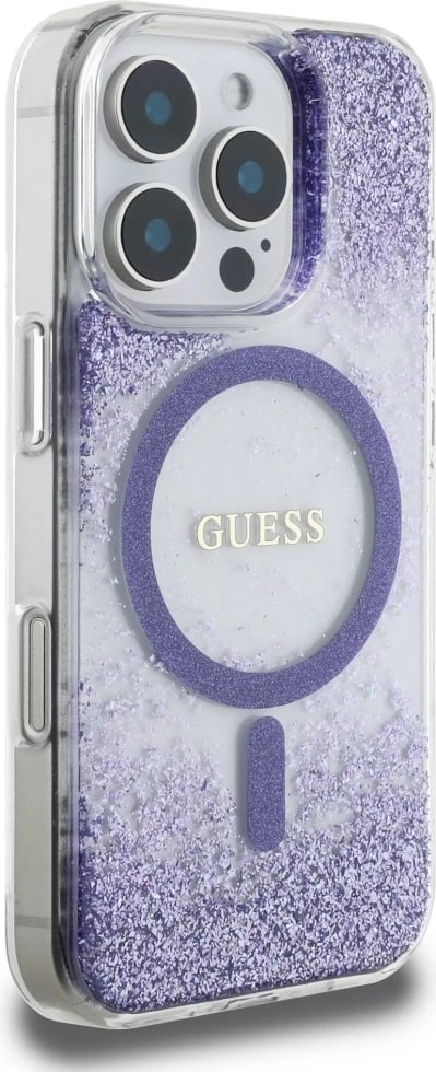 Mbështjellës Guess HC Resin Bottom Glitter MagSafe për iPhone 16 Pro, vjollcë