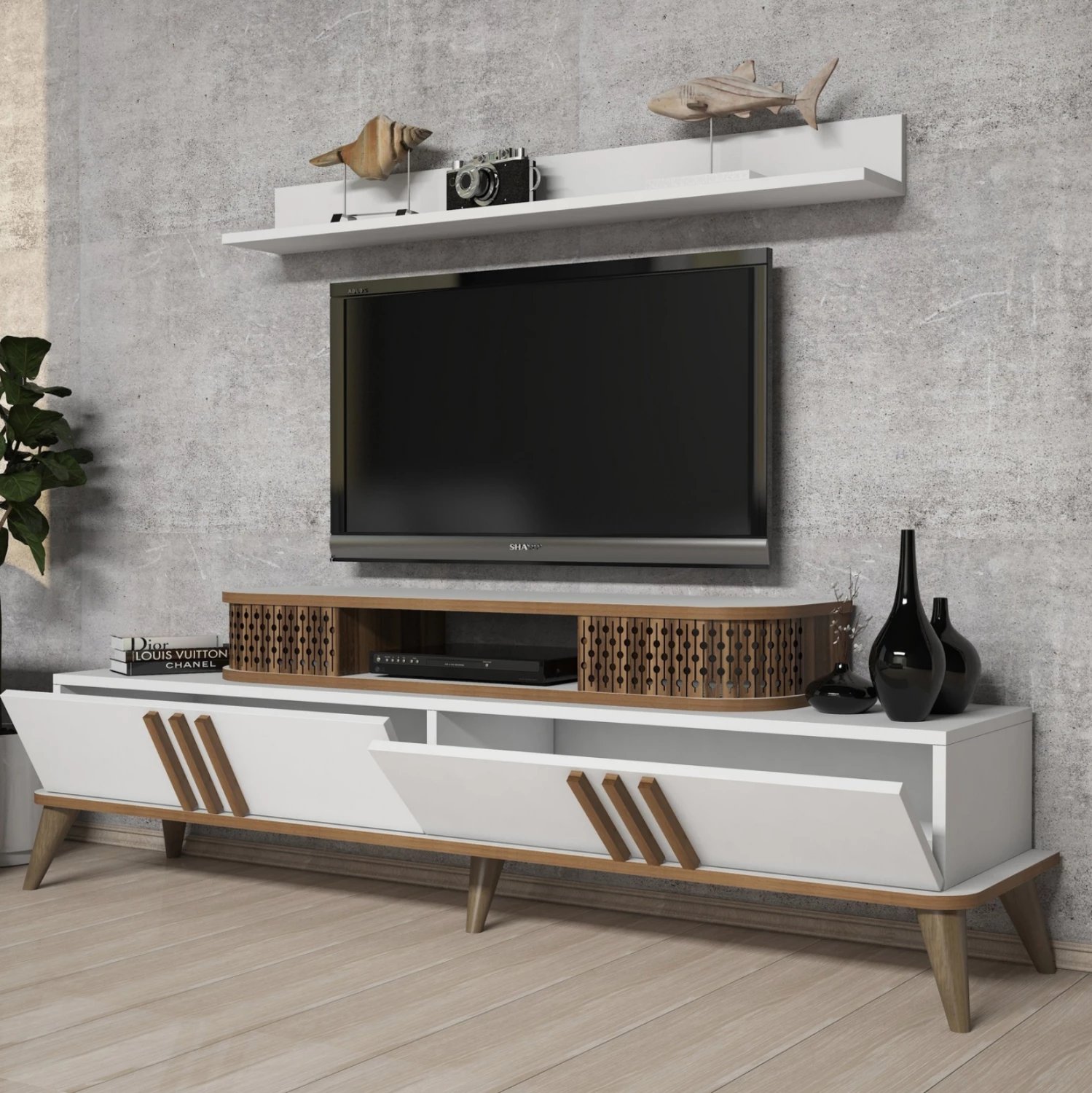 Mobilje TV kombo FH9515.03 melaminë, ngjyrë e bardhë dhe arre, 168x39x51.6Hcm