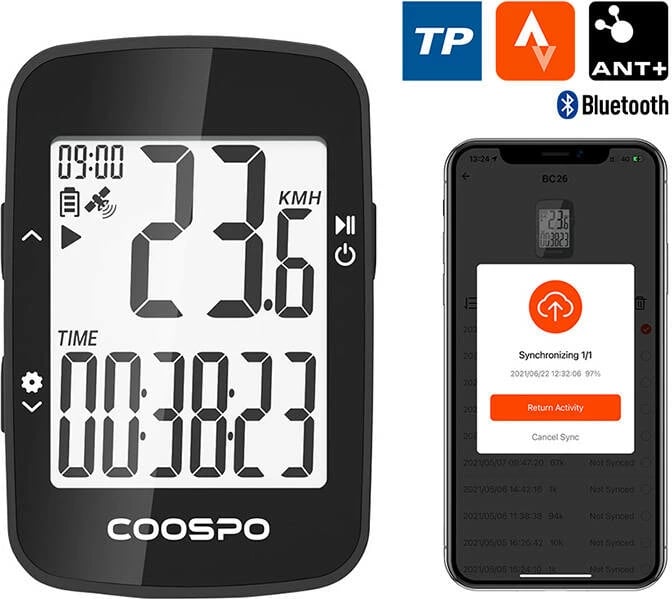 Kompjuter biçiklete Coospo BC26 me GPS, për çiklizëm, i zi