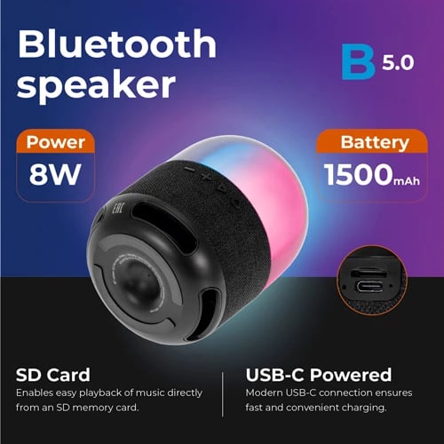Altoparlant Bluetooth, Adler AD 1904, 8W, BT 5.0, TWS, FM, SD, 1500 mAh, 8 orë, USB-C, RGB