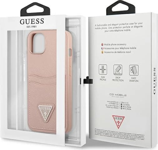 Mbështjellës Guess GUHCP13SPSATPP për iPhone 13 mini, Saffiano Triangle, rozë