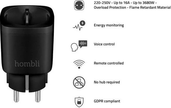 Smart WiFi Plug Hombli HBPP-0205, Wireless, iOS/Android, E zezë
