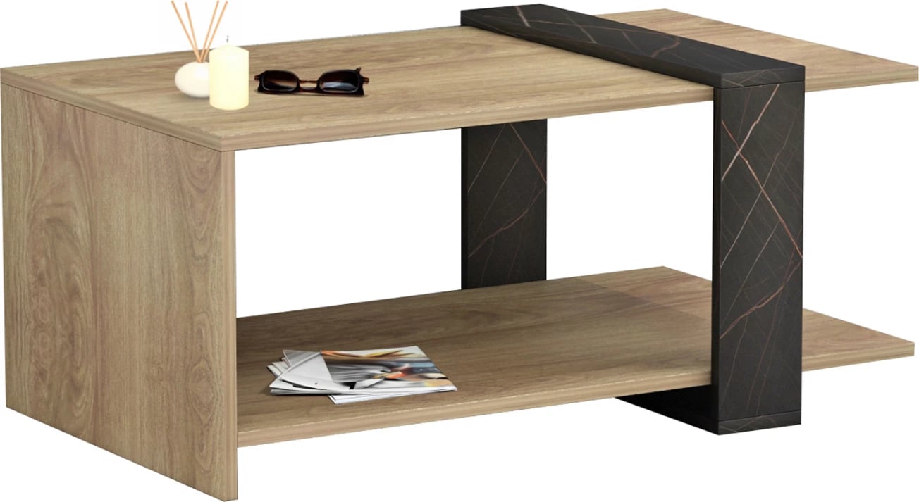 Tavolinë kafeje WILMA, melaminë, ngjyrë natyrale-mermer i zi, 80Χ50Χ35H cm