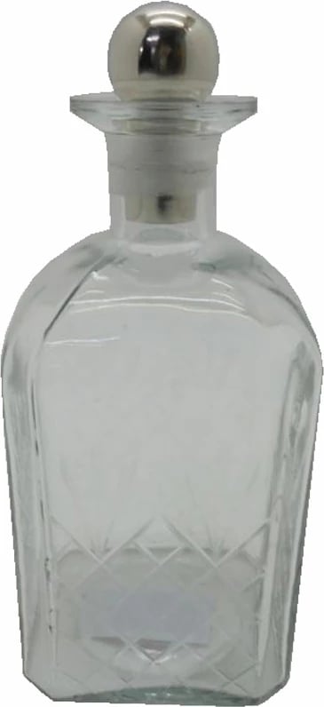 Shishe dekorative prej qelqi, transparente, kapak alumini argjendi, 10x10x26cm