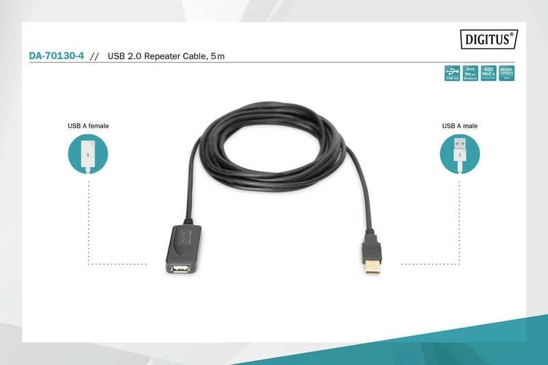 Kabllo zgjatuese USB 2.0 Digitus DA-70130-4, 5m, e zezë