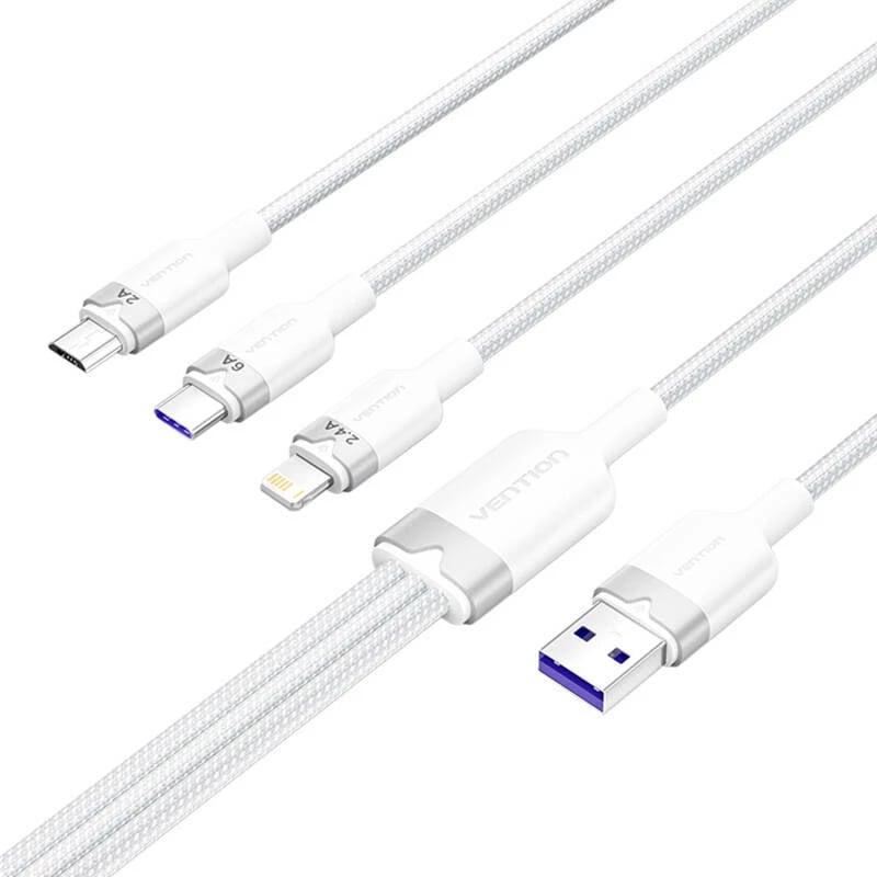 Kabllo 3-në-1 Vention CTRWG, USB 2.0 A në USB-C/Lightning/Micro-B, 1.5m, Bardhë