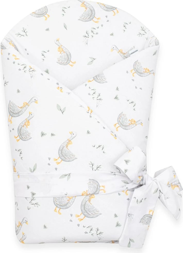 Mbështjellëse bebe, New Baby, Goose, 80x80 cm, pambuk 100% me mbushje 3 cm anti-alergjike, e bardhë