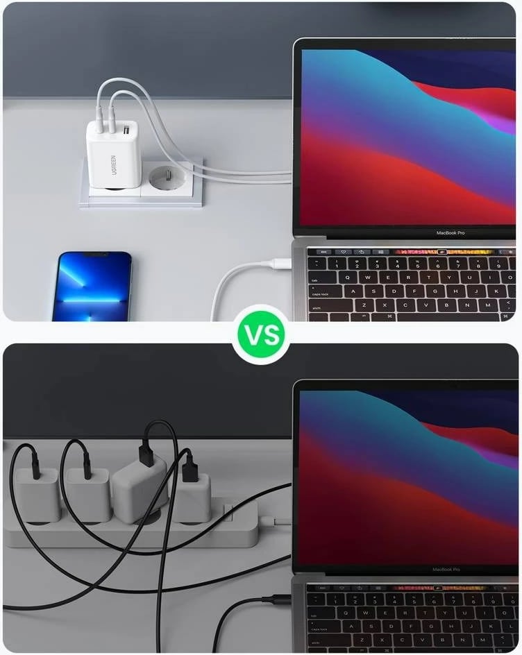 Karikues muri UGREEN CD275 me kabllo, 65W, 2x USB Type-C / USB-A, Bardhë