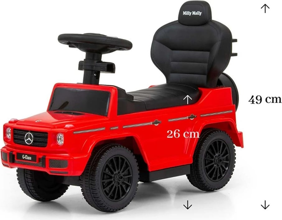 makinë ride-on me guidë, Milly Mally Mercedes G350d, 12–36 muaj, deri 25 kg, tinguj me 2xAA, sedilje me hapësirë poshtë, e kuqe
