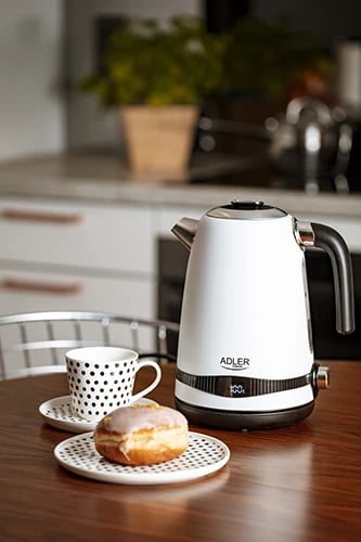 zierëse uji elektrike, Adler, AD 1295, 1.7L, ekran LCD, rregullim temperature 40–100°C, funksion Keep Warm, e bardhë