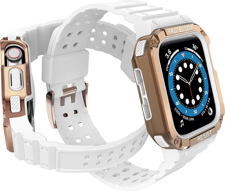 Rrip me kasë të blinduar për Apple Watch Hurtel, 41/40/38mm, Bardhë/Ari i zbehtë Rrip me kasë të blinduar për Apple Watch Hurtel, 41/40/38mm, Bardhë/Ari i zbehtë