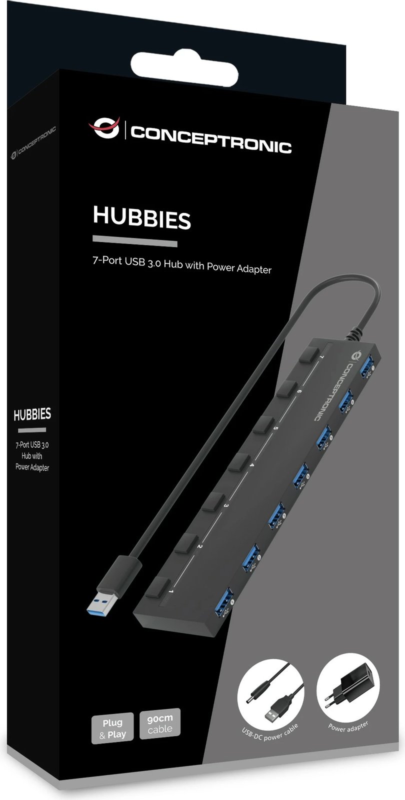 USB hub Conceptronic 7 porta USB 3.0/3.2 Gen1, me furnizim rryme, i zi