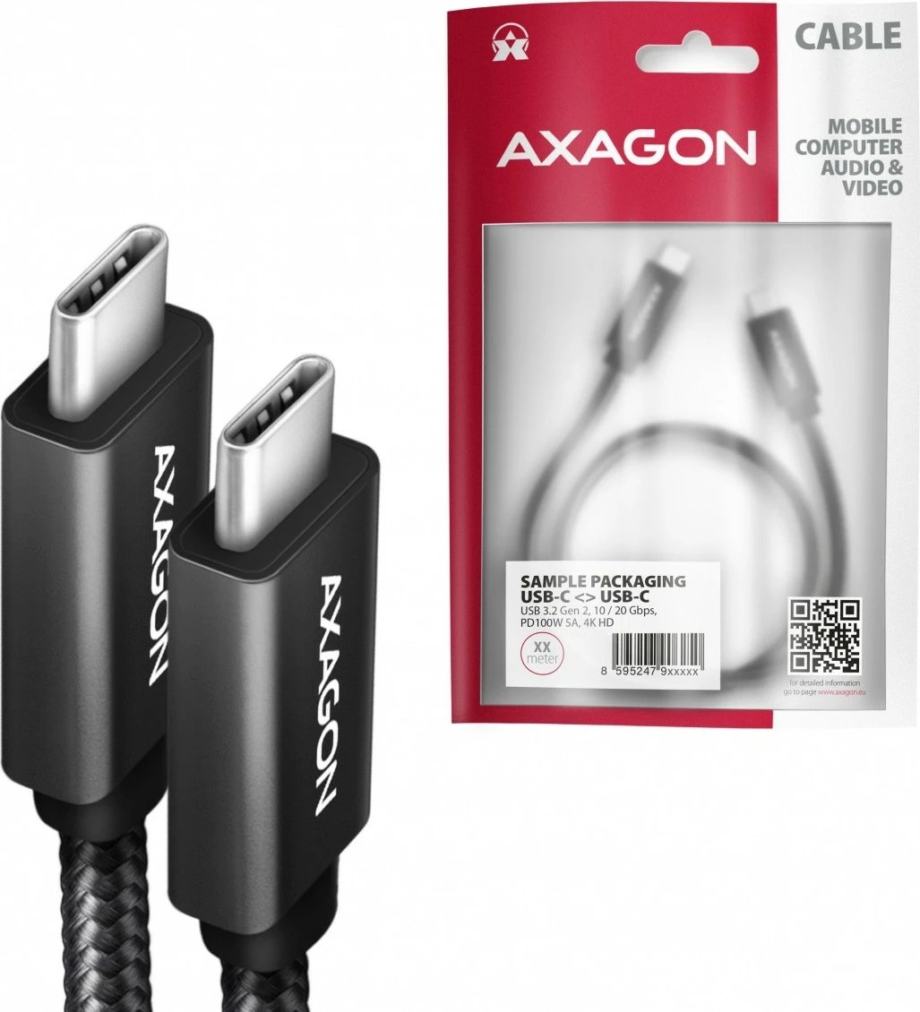Kabllo USB-C në USB-C AXAGON BUCM32-CM10AB, 1m, 100W, 5A, 4K, e zezë