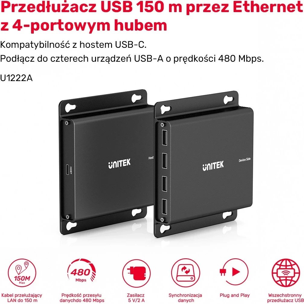 USB-C extender Unitek, 4x USB-A, Ethernet, 150m, 480Mbps